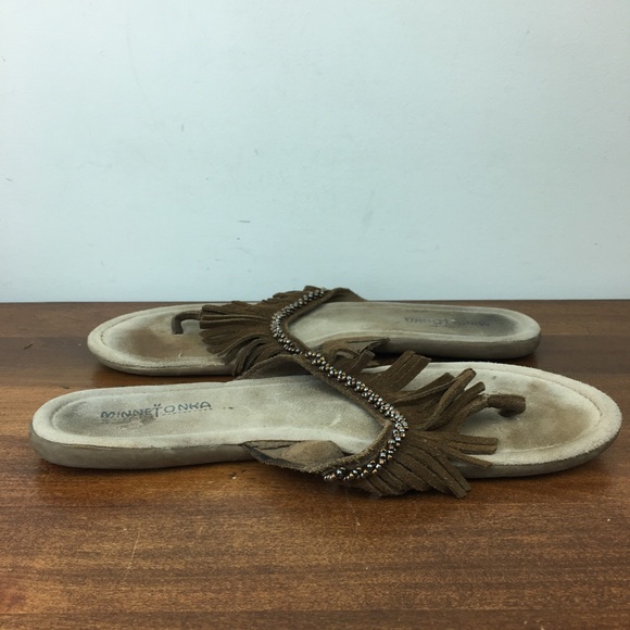 Minnetonka Thong Flip Flop Sandal Women’s Size 10M Brown Beaded Fringe Suede. - Picture 6 of 11